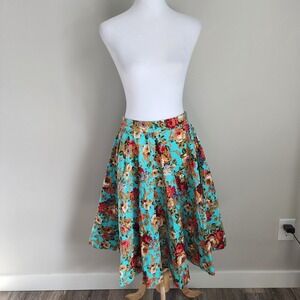 Lindy Bop Floral Skirt Womens Small Cotton Circle Flare Pleated Rockabilly Swing